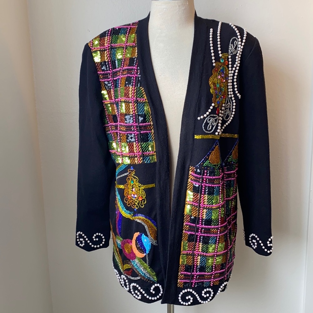 Ugly Christmas Diane Freis Vintage Black Sequin Beaded  Cardigan L